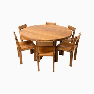 Tavolo da pranzo T21 e S24 con sedie di Pierre Chapo, anni '70, set di 7