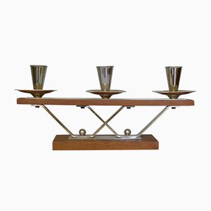 Art Deco Danish Silver & Teak Candle Holder with 3 Flames, 1960s