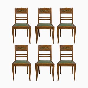Art Deco French Green Oak Dining Chairs With Stylised Flowers, 1940s, Set of 6