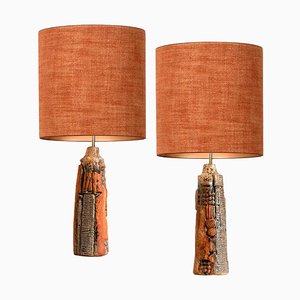 Ceramic Lamps by Bernard Rooke with Custom Made Silk Lampshades by René Houben, Set of 2