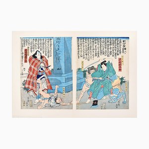 Grabado original de Ikeisai Yoshichika - Warriors - 1865