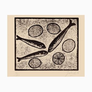 Gravure sur Bois - Nicola Galante - Fishes and Lemons - 1954