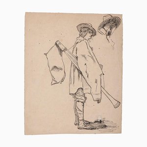 Unknown - Musician - Original Pencil and Pen on Paper - 19th Century