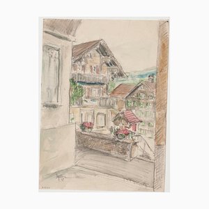 Werner Epstein - Mountain Village - Dessin Original au Pastel et au Crayon - 1957