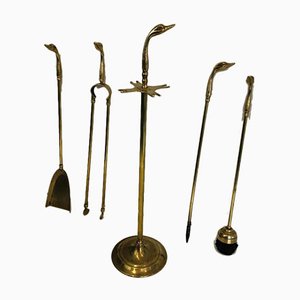 Brass Ducks Fire Place Tools on Stand, French, 1960