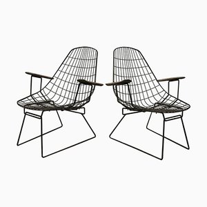 Black Wire Easy Chairs with Wooden Armrests, 1960s, Set of 2