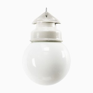 Vintage Industrial White Porcelain & Opaline Milk Glass Pendant Lamp