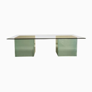 Tavolino da caffè rettangolare con ripiano in vetro smussato e 2 cubi in vetro satinato, anni '80