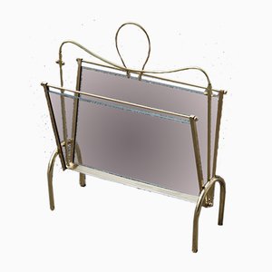 Italian Brass Magazine Rack with Transparent Glass, 1950s