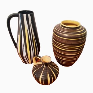 Black & Yellow Ceramic Vases, 1950s, Set of 3