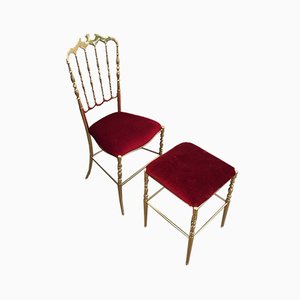Set of Chiavari Brass Chair and Stool, France, 1970s