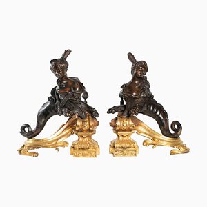 Bronze Chenets with Chimera Decoration, 19th Century, Set of 2