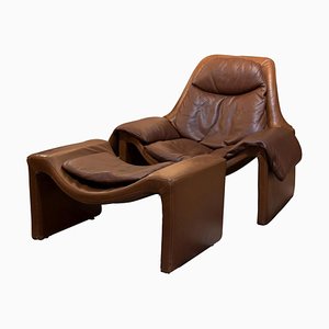 Fauteuil P60 en Cuir et Repose-Pied par Vittorio Introini pour Saporiti, Italie, 1960s, Set de 2