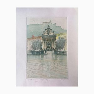 Augusto Wolf - Fountain with Castle - Original Etching Hand Watercolor - 1890s