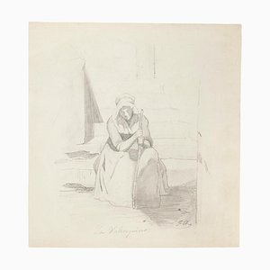 Unknown - Tired Woman - Original Pencil Drawing - Early 20th Century