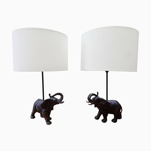Black Patinated Bronze Elephant Lamps, Set of 2