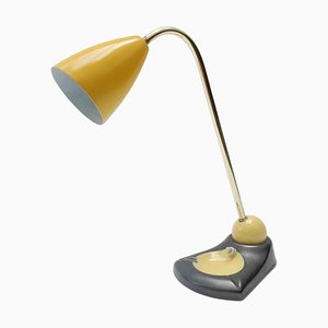 Mid-Century Adjustable Brass Table Lamp and Vide Poche with a Yellow Metal Shade