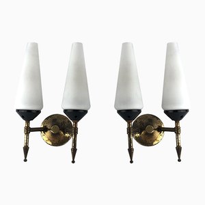 Mid-Century Brass and Opaline Sconces in the Style of Stilnovo, 1950s, Set of 2