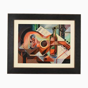 Serge Magnin, Nature Morte Cubiste avec Guitare, 1960, Peinture à l'Huile