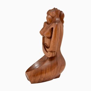 Cubist Hand Carved Wooden Sculpture of a Seated Nude France, 1960
