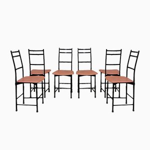 Aluminium & Brown Leather Dining Chairs from Ycami, 1980s, Set of 6