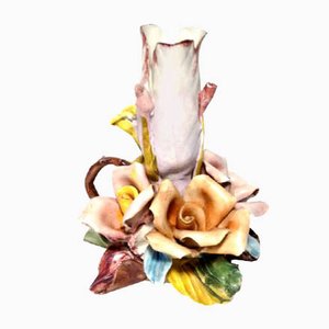 Italian Capodimonte Biscuit Porcelain Rose Flower Candleholder, 1950s