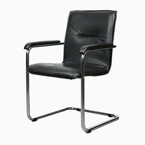 Silla de escritorio Cantilever vintage de cuero sintético negro, años 70