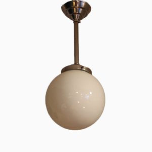 French Chromed Metal and Opaline Glass Pendant Lamp, 1940s