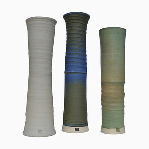 Grands Vases en Poterie Vernis Bleu, Crème et Sable, Set de 3