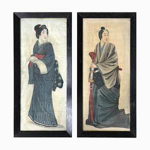 Portraits Japonais du Début du 20ème Siècle Peints à la Soie, Set de 2