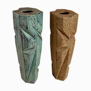 Keramik Vasen in Blau und Beige Lasur, 2er Set