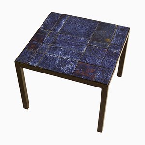 Italian Bright Blue Ceramic Tile Square Side Table on Black Metal Frame