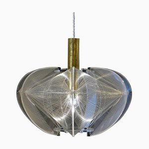 Sculptural Acrylic Glass, Wire and Brass Pendant Lamp, 1970s