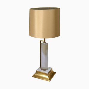 Acrylic Glass and Brass Italian Table Lamp with Silk Lamp Shade, 1960s