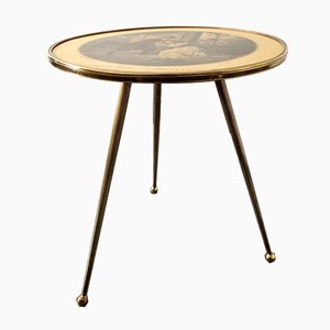 Italian Brass Tripod Side Table with Printed Top, 1950s