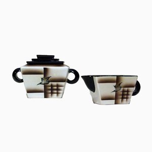 Cerámica futurista de porcelana cepillada de Angelo Simonetto para Galvani, años 20. Juego de 2