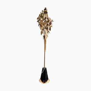 Lámpara de pie de latón chapado en oro, mármol y cristales de Swarovski