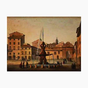 Desconocido - Barberini Square, Roma - Acuarela original - siglo XIX