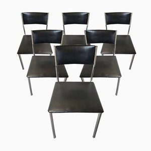 Beistellstühle aus Verchromtem Stahl & Schwarzem Kunstleder, 6er Set, 1950er