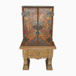 Mueble neoclásico de cuero coloreado y roble, años 40