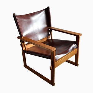 Fauteuil Safari Mid-Century en Chêne et Cuir Marron Foncé par Poul Hundevad pour Vamdrup, Danemark