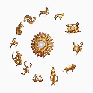 Italian Sunburst Mirror with 12 Gilt Zodiac Signs, 1950s
