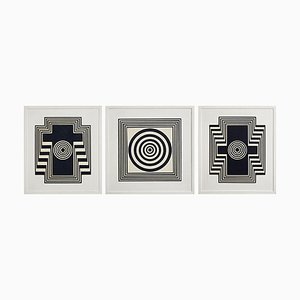 Panneaux en Bois avec Motifs Géométriques en Relief Noir et Blanc, Set de 3