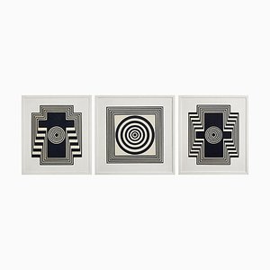 Pannelli in legno con disegni geometrici in rilievo bianco e nero, set di 3
