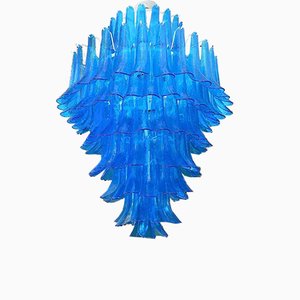 Lámpara de araña Mid-Century redonda de cristal de Murano azul de Mazzega, años 70
