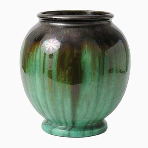 Antike Grün Glasierte Keramikvase von Faiencerie Thulin