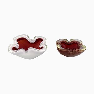 Italian Murano Bowls in Red & White Mouth Blown Art Glass, 1960s, Set of 2