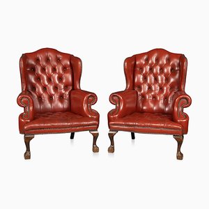 Set of English Leather Wing Back Armchairs, 1970s