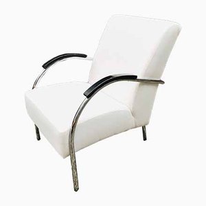 Vintage Dutch Industrial White Lounge Chair with Chromed Tubular Steel Frame, 1950s