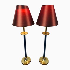 French Empire Style Gilded Table Lamps with Red Shades from Kullmann, 1970s, Set of 2